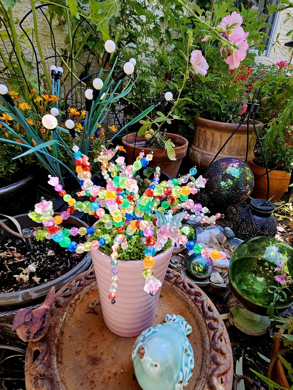 Colorful Beaded Flower Bouquet In A Mauve Pot - Multicolor
